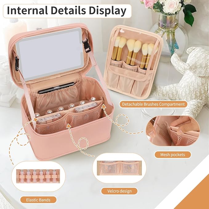 Makeup Bag With LED Mirror, Lightweight Travel Makeup Bag With 3 Color Setting Light Up Mirror Cosmetic Organizer Vanity Case for Women Beauty Tools Accessories Rechargeable Makeup Train Case-Pink