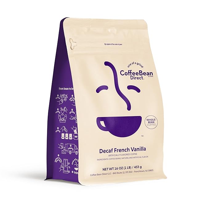 Coffee Bean Direct Decaf French Vanilla Flavored, Whole Bean Coffee, 1 Pound Bag (Pack of 1)