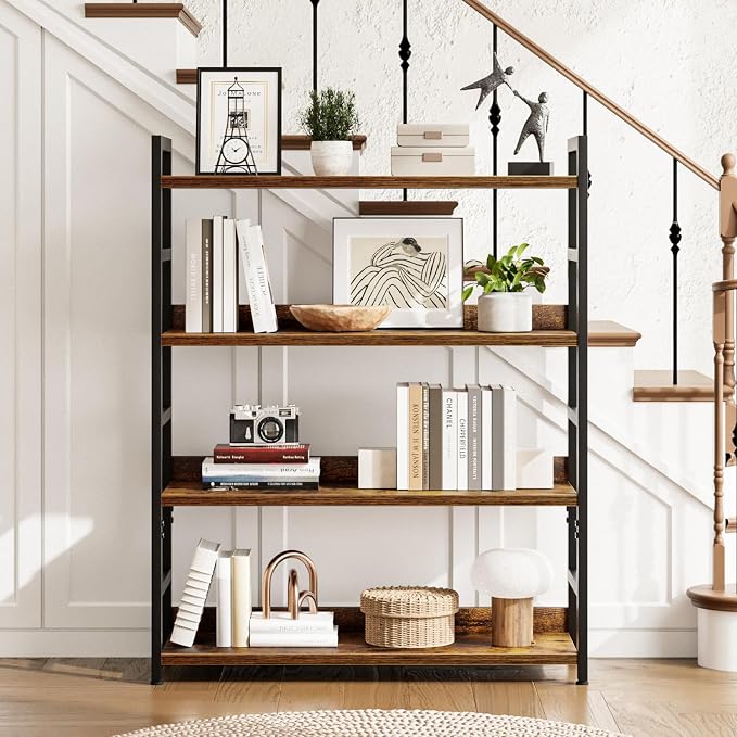 NUMENN 4 Tier Wide Bookshelf for Living Room and Home Office, Vintage | Bookshelves, Home Office Bookcase Shelf Storage Organizer, Free Standing Storage Shelving Unit for Bedroom