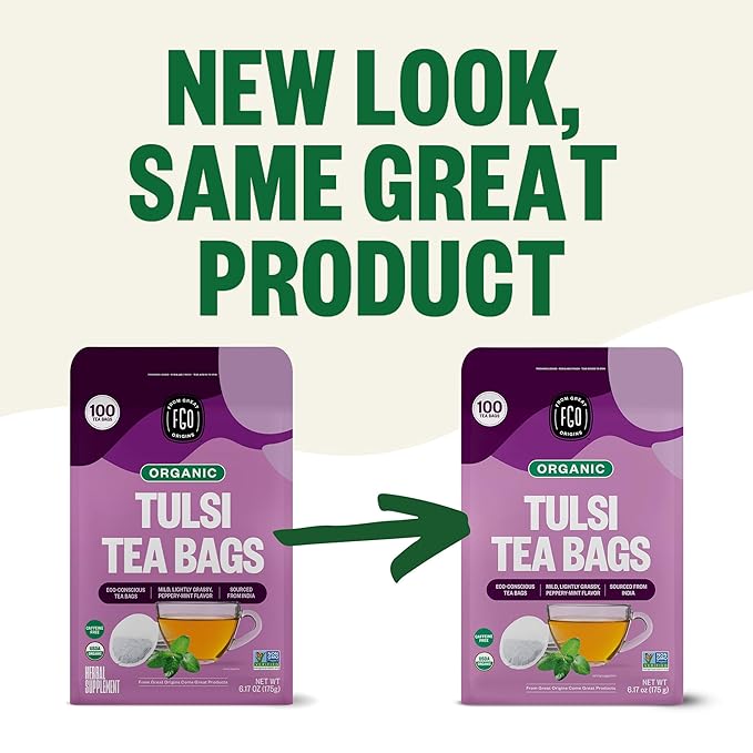 FGO Organic Tulsi Holy Basil Tea, 100 Count, Eco-Conscious Herbal Tea Bags, Resealable Bag, Caffeine Free, Packaging May Vary (Pack of 1)