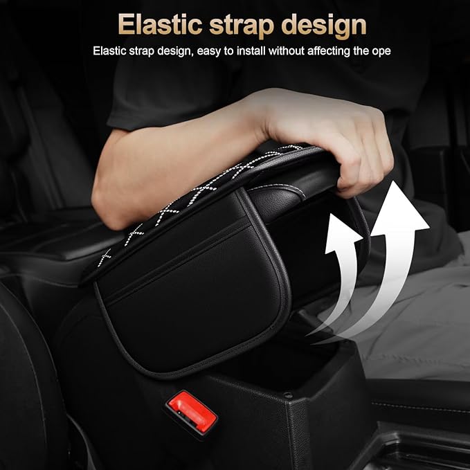 Bling Center Console Cover with 2 Side Pockets Fit for Venza Multi-Functional Car Armrest Cushion Diamond-Studded Rhombus Pattern Style(Black&Silver Diamond)