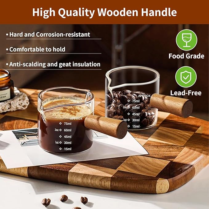 YARRAMATE 2.5 oz/75ML Espresso Shots Cup with Wood Handle, Clear Glass Espresso Measuring Cup with Dual Scale, Shot Glass with Single Spout, Dishwasher Safe
