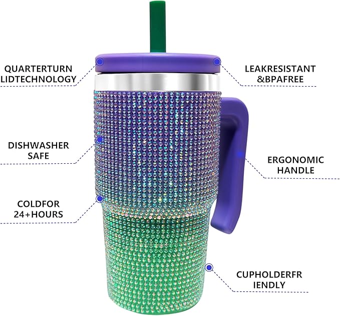 20-OZ Insulated Water Bottle,Insulated Stainless Steel Tumbler,Reusable Cold Drink Thermos,BPA-Free, Double-Wall Stainless Steel Water Bottle (Purple Green Gradient-Diamond, 20, Fluid Ounces)