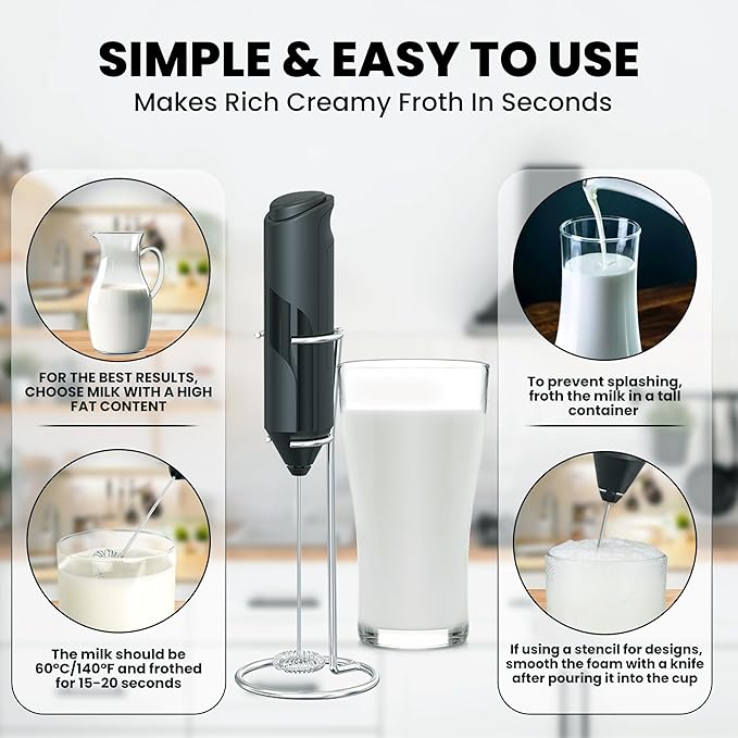 Milk Frother Wand with Stand - Milk Frother Handheld Battery Operated - Electric Whisk Coffee Frothers - Drink Mixer Handheld Frother with Stand - Hand Frother for Coffee Mixer Wand