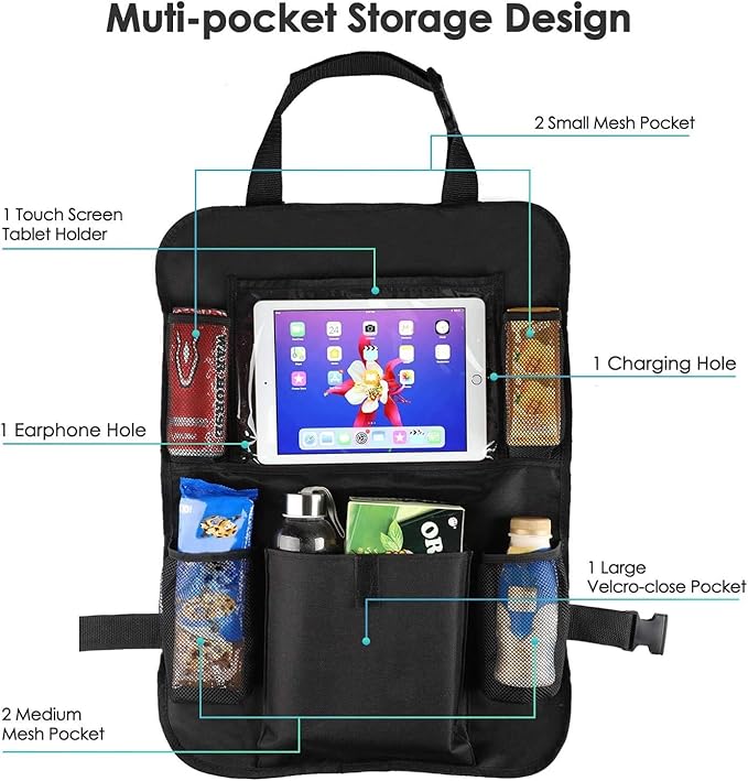 Car Back Seat Organizer with Tablet Holder, 17.3x24.4 inch, Multi-Pocket Storage, 2-Pack, Black
