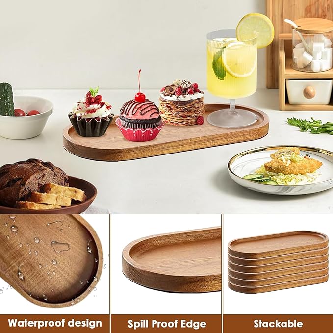 Solid Wood Serving Platters and Trays of Natural Wood with Edge,Rectangular Avoid Sliding and Spilling Food (Acacia Oval Platters 6 Pack)