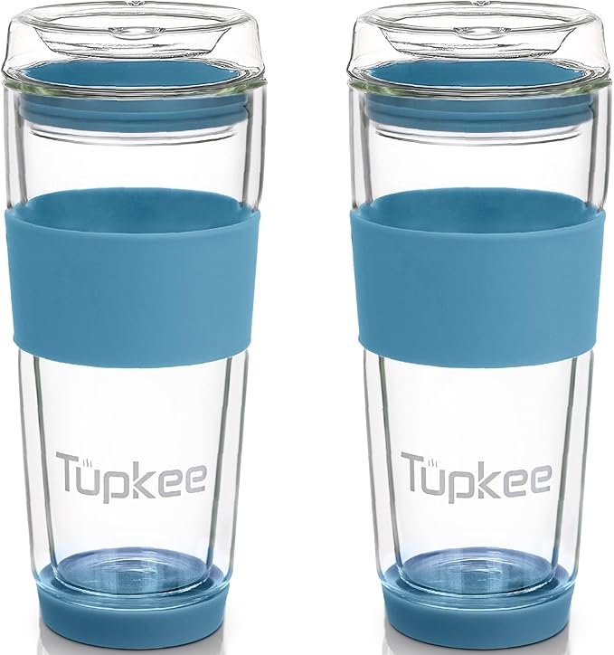 Tupkee Double Wall All Glass Tumbler - 14-Ounce, Reusable Insulated Tea/Coffee Mug & Lid, Hand Blown Glass Travel Mug - Niagara - 2 Pack
