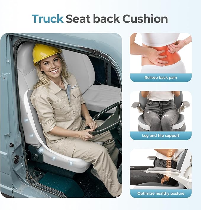 FLORICH 2 in1 Truck Seat Cushion and Lumbar Support Pillow Memory Foam Car Seat Cushion with Adjustable Strap for Truck Driver Long Drives, Fits Semi Truck Seat,Car,Office&Gaming Chair(Light Grey)