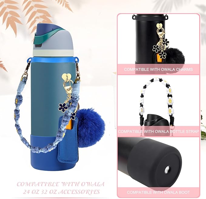 Compatible for Owala Accessories Bundle: Silicone Boot for 24oz & 32oz Bottles, Charms, Handle, Strap, Rubber Bottoms, and Decorative Add-ons for Your Compatible for Owala Water Bottle, Denim