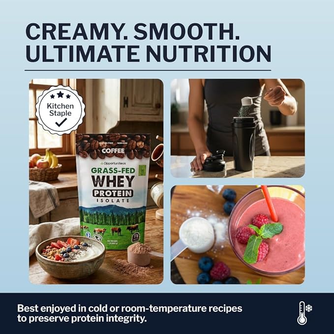 Opportuniteas Grass Fed Coffee Whey Protein Isolate Powder - 27g Protein Powder Without Artificial Sweeteners, 60mg Caffeine, Hormone-Free Cows - 5lb