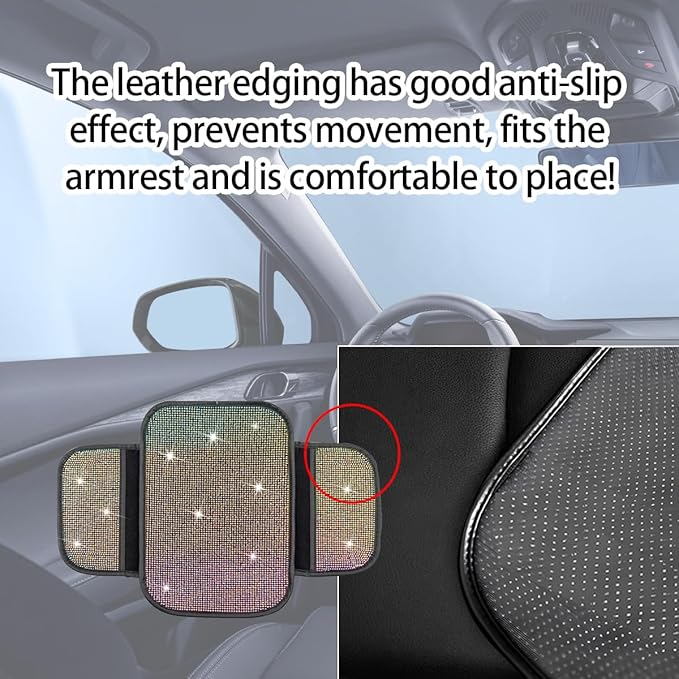 Bling Car Center Console Cover, Crystal Rhinestone Vehicle Armrest Cover Cushion with 2 Storage Bags for Women Girls, Diamond Auto Storage Box Protector Pad, Universal Fit (Multicolor)