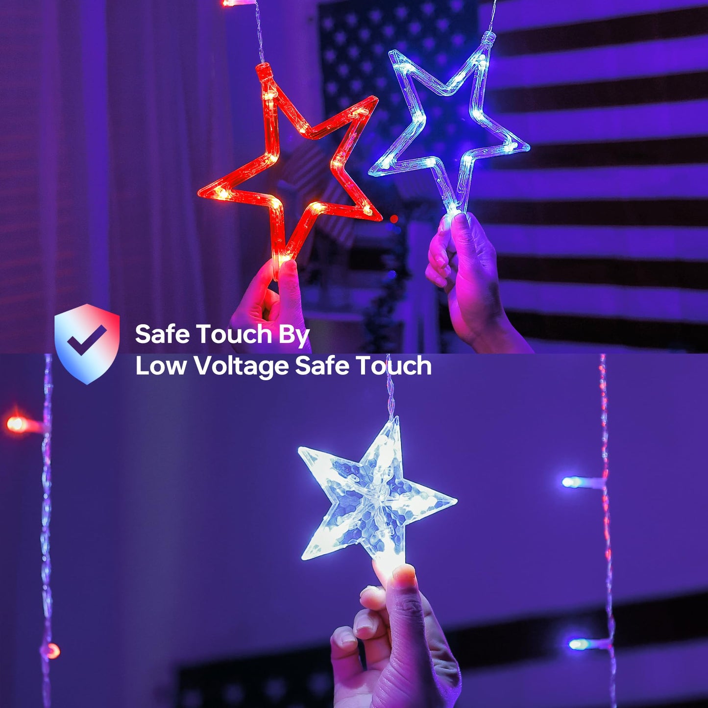 MYGOTO Patriotic Star Icicle Lights, 8.2ft 126LED, Waterproof, 8 Modes, Red White Blue, Model QX-U-O-I-126-1-RWB