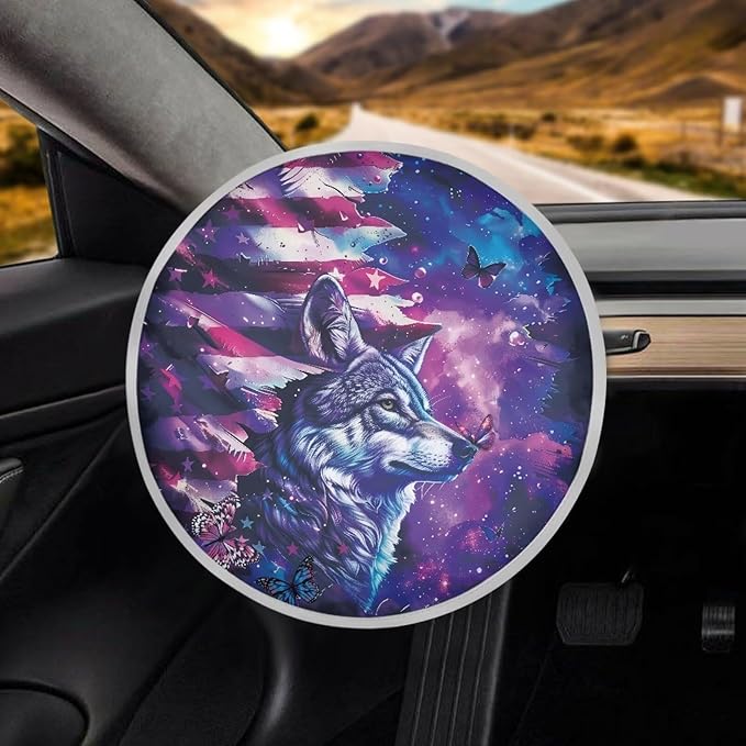 Steering Wheel Sun Shade Cover for SUV Car Truck Van Universal Steering Wheel UV Rays Sun Visor Protector Decorative Accessories, American Flag Galaxy Wolf Butterfly Pattern