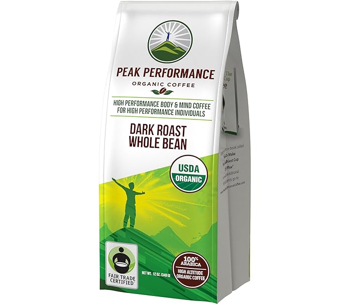 Peak Performance High Altitude Organic Coffee - Fair Trade, Low Acid, Non GMO, and Beans Full of Antioxidants - Dark Roast Smooth Tasting USDA Certified Organic Whole Bean Coffee Bag 12 oz