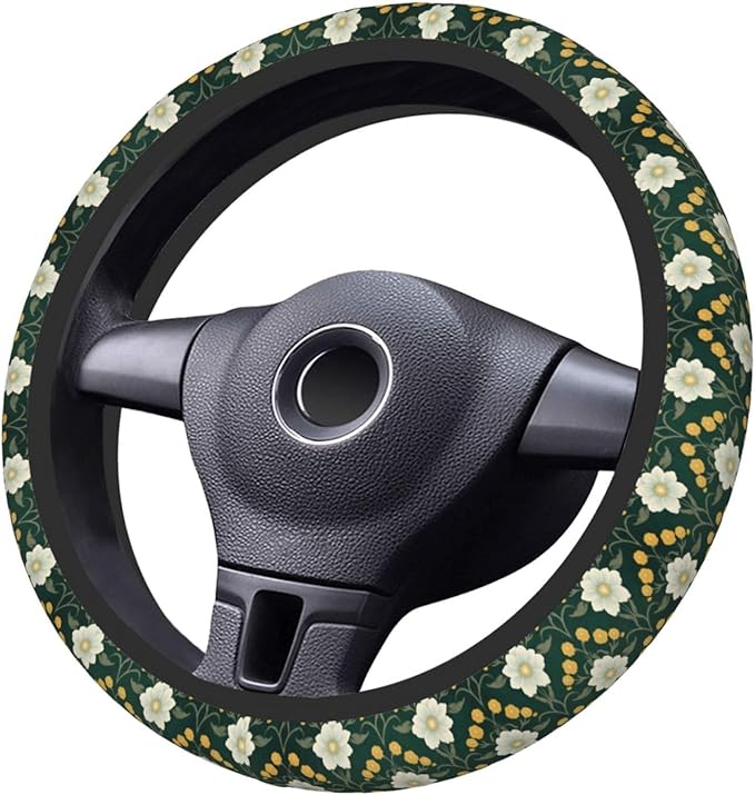 White Green Flowers Floral Neoprene Steering Wheel Covers Women Men Car Accessories, Universal 15 Inch Fit Auto, Suvs, Truck