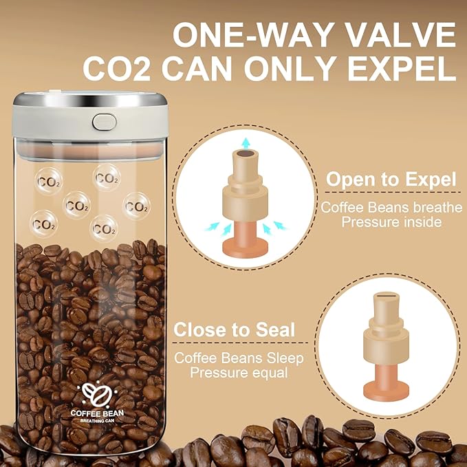 Coffee Bean Storage Container with One-way Valve Airtight Lid Date Tracker, Borosilicate Glass Coffee Canister for Coffee and More Food Fresh and Storage(1.2 Qt - 13.1 OZ)