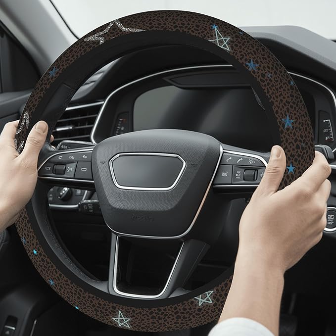 Cute Steering Wheel Cover for Women, Machine Washable Universal 14.5-15.5 inch Non-Slip Grip All Weather Use (Brown Leopard Stars)