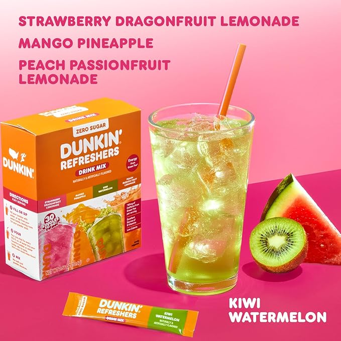 Dunkin’ Zero Sugar Refreshers Singles To Go! Powdered drink mix packets, 30 Ct Variety Pack, 30 Single serve Packets per Box (30 servings), Energy from Green Tea, aspartame-free, no synthetic colors, naturally and artificially flavored, just add water
