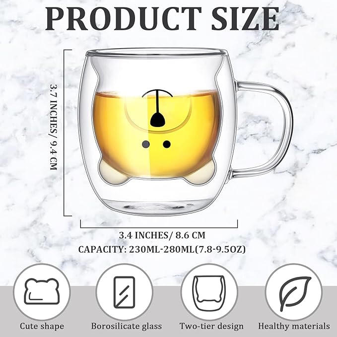 Eccliy 8 Pcs Cute Bear Mugs Bear Tea Cup 8.5 oz Double Wall Glass Honey Milk Coffee Mug with Handle Insulated Glass Espresso Cups Birthday Gift for Women Men Gift