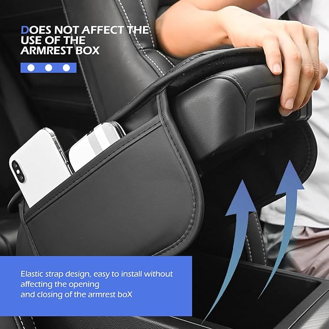 Car Center Console Cover, Strong Support Waterproof Armrest Box Booster Cushion, Leather Slow Rebound Armrest Box Cover with Side Storage Pocket, Universal Elbow Protection Pad (Black)
