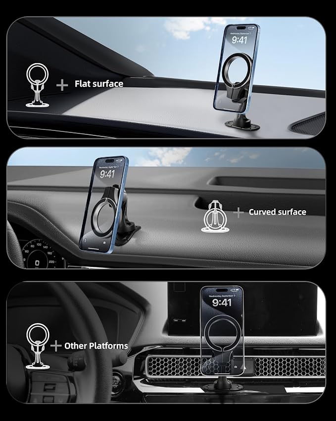 pop-tech for MagSafe Adhesive Car Mount, Strong Magnets Car Phone Holder Mount for Dashboard, 360° Rotation Magnetic Cell Phone Dash Holder Curved Fit for iPhone 16 Pro Max 15 14 13 12 Series