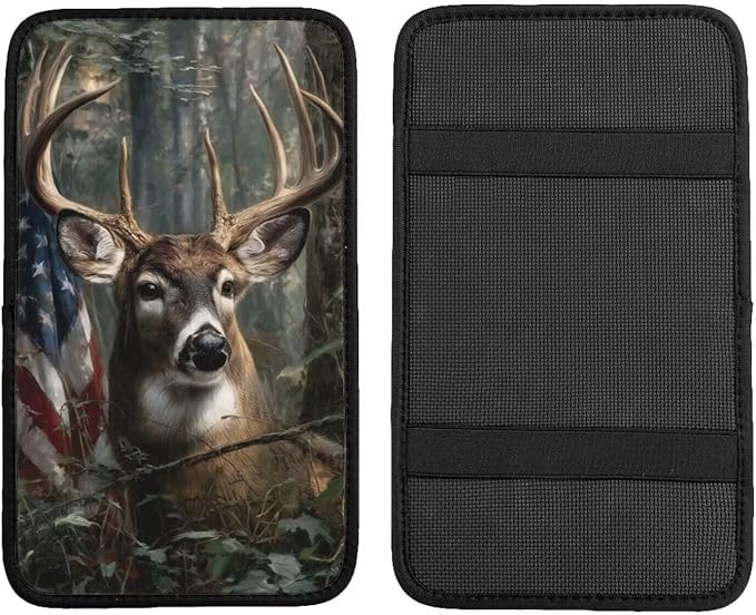 Flag Elk Car Center Console Non-Slip Armrest Cover Vintage Deer Jungle Hunting Arm Rest Seat Box Covers Protector Fit for Most Cars Sedans Vans Truck Vehicles, SUVs
