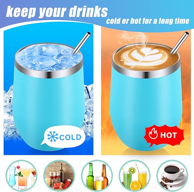 16 Pack Stainless Steel Wine Tumblers 12 oz Insulated Vacuum Wine Cup Set Double Wall Stainless Steel Stemless Mug Glasses for Coffee Soda Whiskey Outdoor Travel (Light Blue)