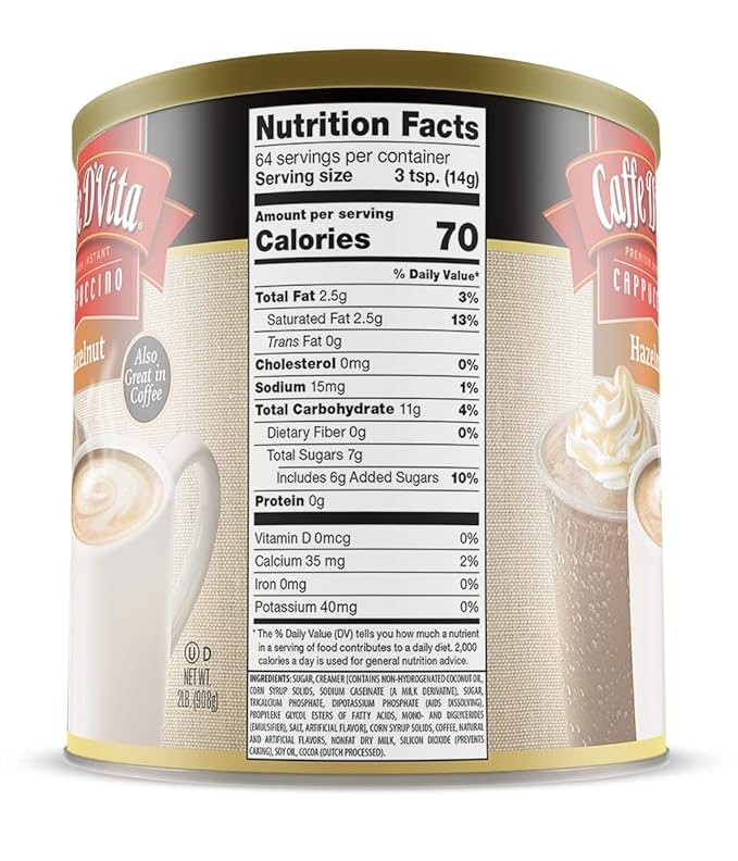 Caffe D'Vita Hazelnut Cappuccino Mix - Instant Coffee Powder Mix, Gluten Free, No Cholesterol, No Hydrogenated Oils, No Trans Fat, 99% Caffeine Free - 2 Lb Can