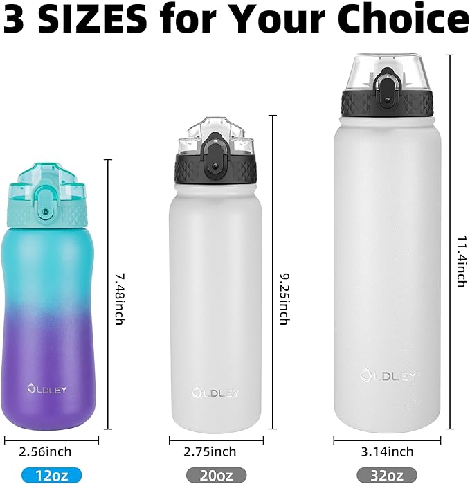 Oldley Insulated Water Bottles 12oz Kids Water Bottle with Straw, Stainless Steel Water Bottle with 2 Lids, Double Wall Vacuum Bottle, Leak-Proof Sports Bottles for School Travel, Green Purple
