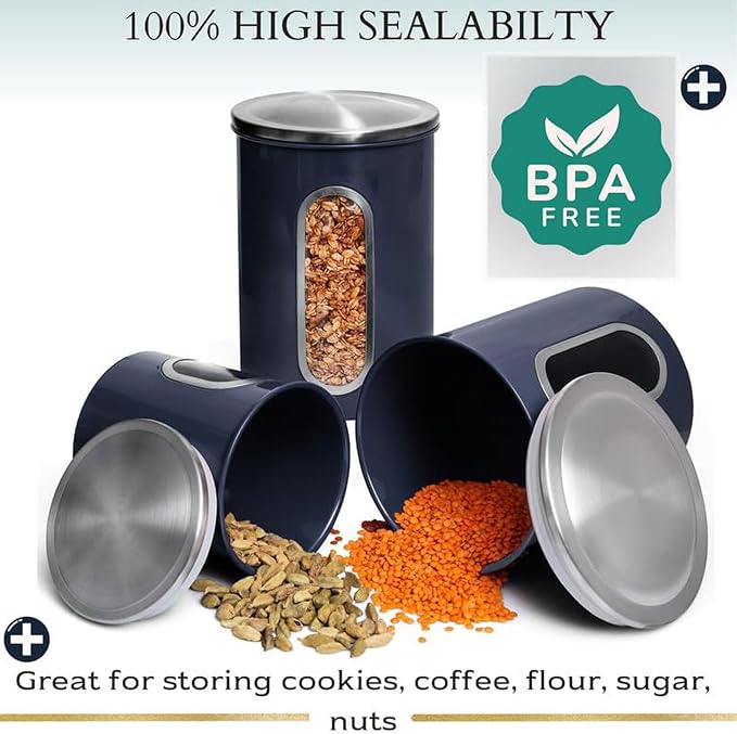 Mixpresso 3-Piece Blue Canisters Sets For The Kitchen, Airtight Canister Set With See Through Window, Storage Jars for Coffee Container, Tea Organizer & Sugar Canister, Blue Kitchen Canisters