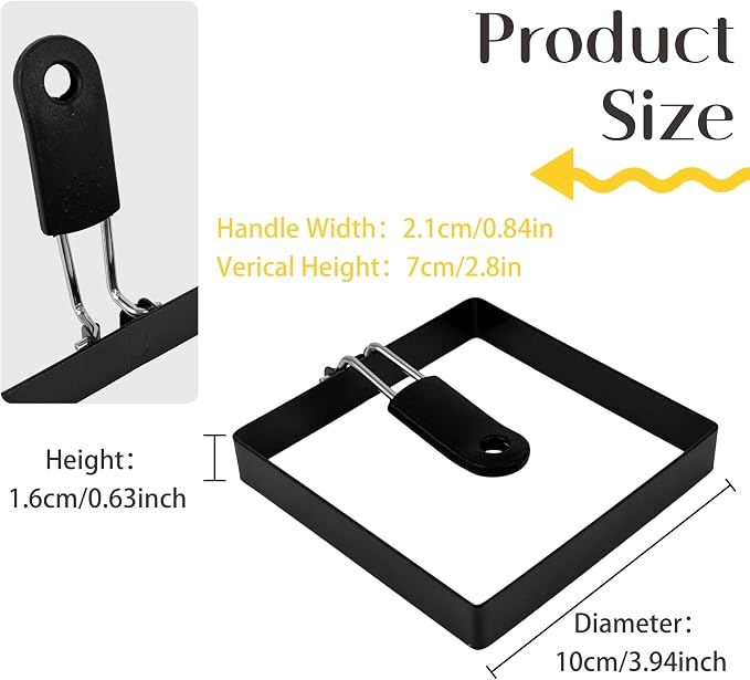 4'' Square Egg Rings with Silicone Handle, Stainless Steel Egg Cooking Rings，Nonstick，For Frying Eggs and English Muffins Pancake, Egg Mold Shaper For Breakfast