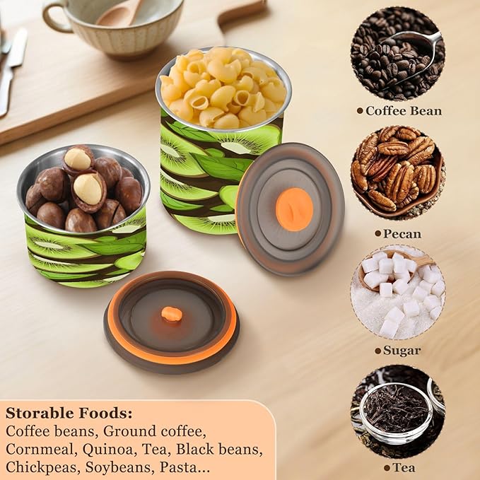 Qilmy Kiwi Fruit Air-Less Vacuum Coffee Storage Container-Airtight Stainless Steel Food Canister with Lid for Beans, Ground Coffee, Tea, Dry Goods, 30oz Kitchen Organizer Jar