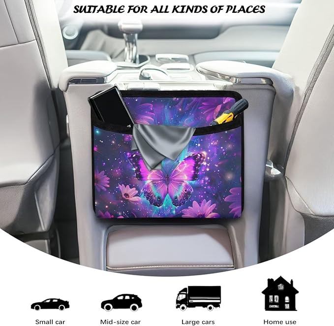 Purple Butterfly Car Seat Side Pocket Organizer Cell Phone Holder Storage Bag Pouch for Wallet Keys Document Auto Console Door Rear Seat Storage Box Automotive Interior Accessories