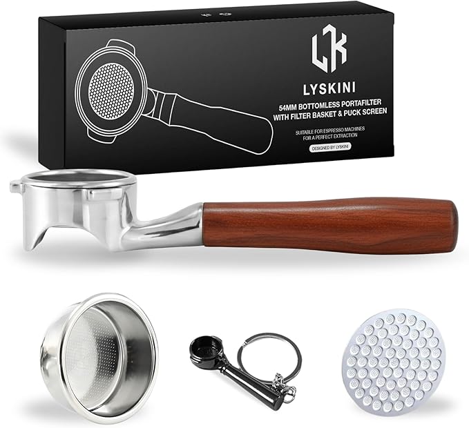 54mm Bottomless Portafilter Flat for Breville/Sage – Fits Barista Express, Pro, Touch, Bambino & Bambino Plus, Infuser – Rosewood Handle – Includes 18–21g Filter Basket & Puck Screen