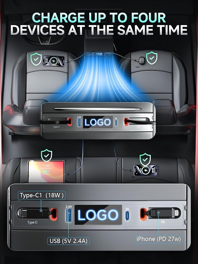 Qoope USB Hub for Tesla Model 3 Model Y Accessories 2024 2023 2022 2021 Car USB Charger Multi Port with Fast Charger Retractable Cable Docking Station (Not Fit Model 3 2024)