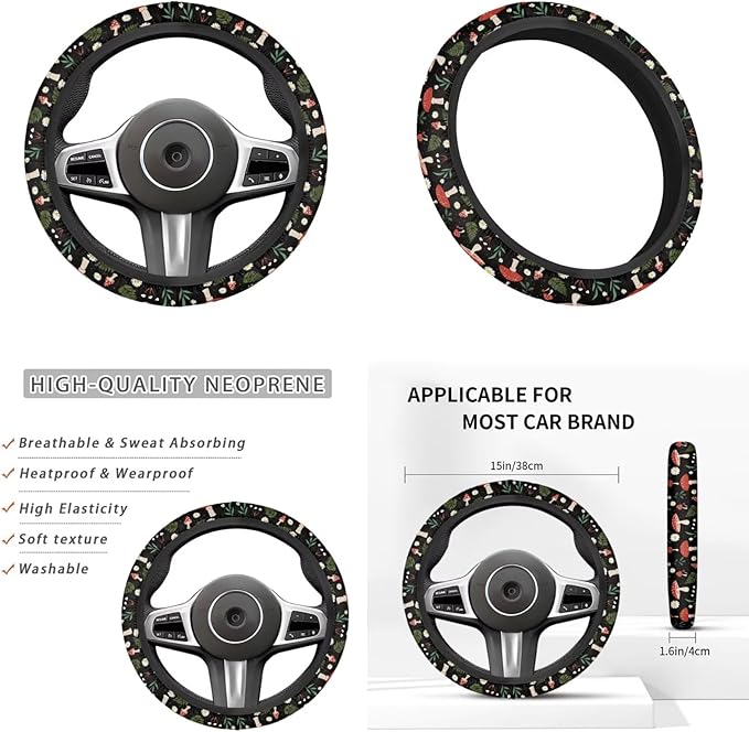 Small Mushroom Car Accessories for Women 6 Pcs Steering Wheel Cover Protector Set Cup Coaster Car Armrest Cover Fits Most Cars Trucks Vans and SUV