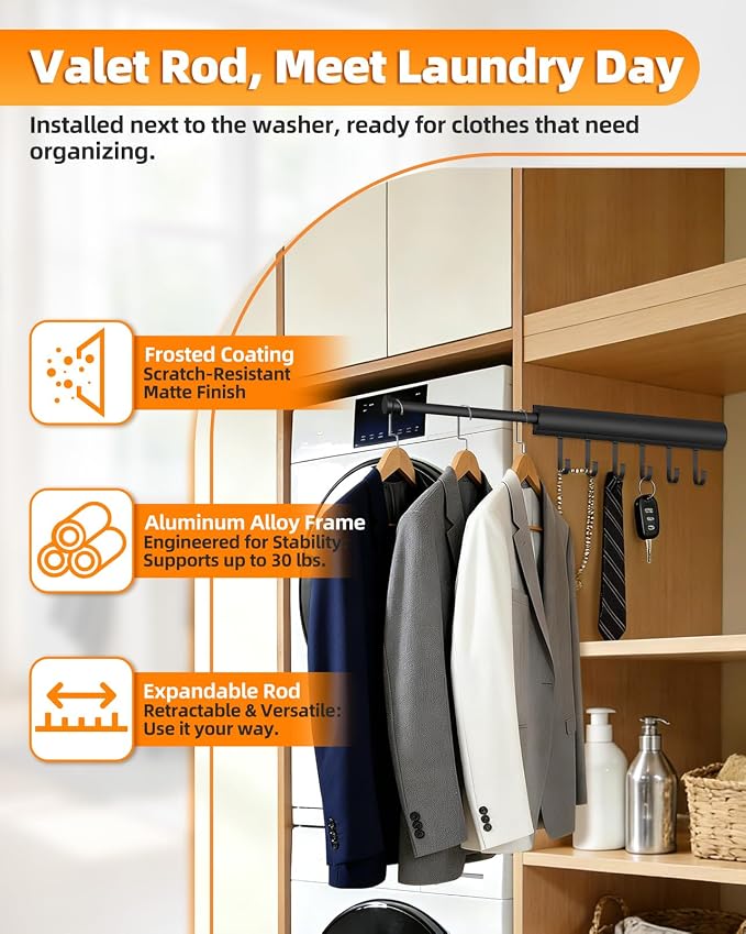 12 inch Valet Rod for Closets Pull Out, Closet Rods Extenders for Hanging Clothes Telescoping Adjustable With 6 Hooks (Black, 12 Inch-1 Pack)