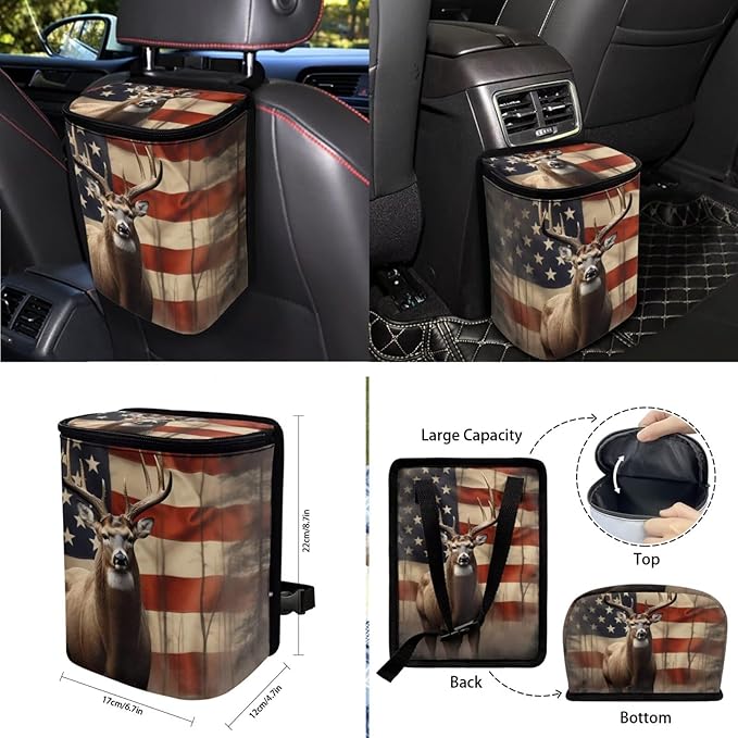 American Flag Deer Printed Car Interior Cover Sets, Car Front Rear Seat Cover with Steering Wheel Protector Coaster Trash Can Air Vent Storage Bag, Universal Fits Auto Interior Accessories