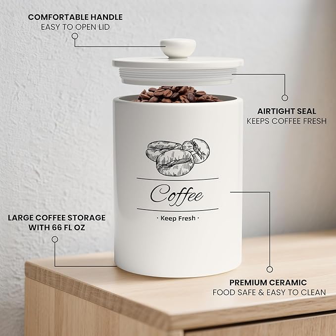 Airtight Coffee Canister - 66 fl oz / 2L Large White Ceramic Coffee Container Airtight - 5.5'' Round × 8.2'' Tall Coffee Bean Storage - Stylish Ceramic Coffee Jar With Lid for Grounds & Beans