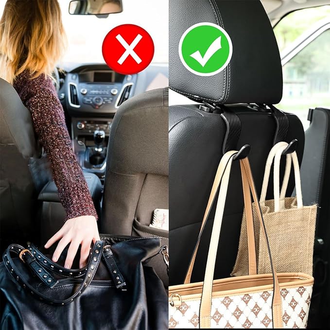 Car Back Seat Headrest Hooks, 4PCS Vehicle Backseat Storage Organizer Hanger, Multifunctional Auto Headrest Hidden Hook Universal for Handbag Purse Backpacks Bags(Carbon Fiber Black)