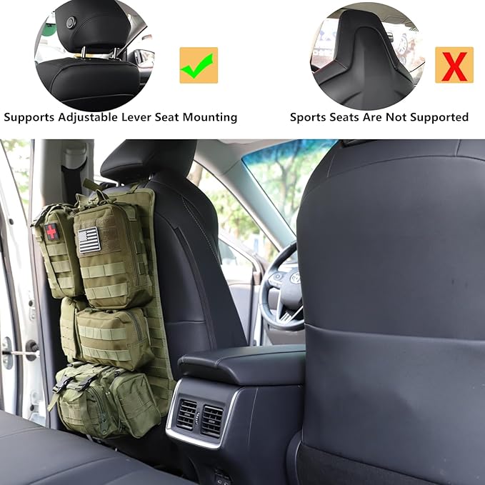 Tactical Car Seat Back Organizer Hanger Bag with 5 Detachable Molle Pouch Vehicle Molle Panel Organizer Storage Bag Universal for for most car models (Military Green)