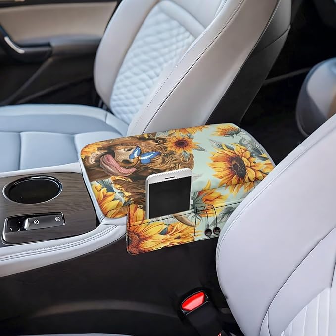 Dreaweet Sunflower Highland Cow Arm Rest Cover for Car Women Thick Center Console Cover with Pockets Soft Comfortable Car Armrest Cushion Universal Console Covers for SUV Trucks