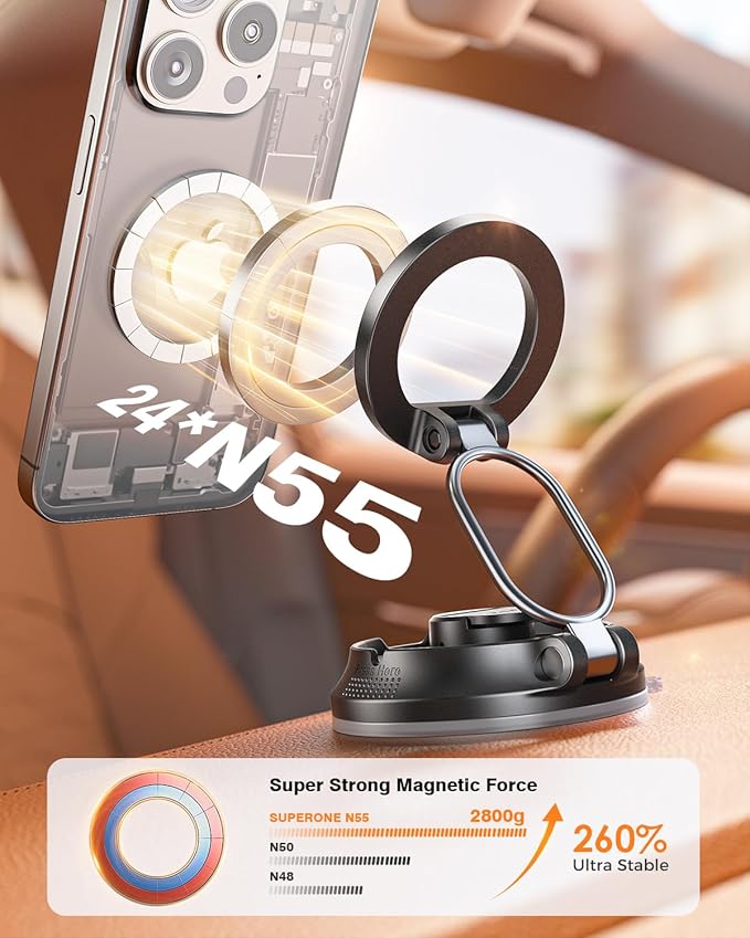 SUPERONE Car Phone Holder for Magsafe [78+LBS Strongest Suction & 2800gf Magnetic] 360° Adjustable Magnetic Car Mount, Foldable Cell Phone Holders for Your Car for iPhone 17 16 15 14 13 12 Series