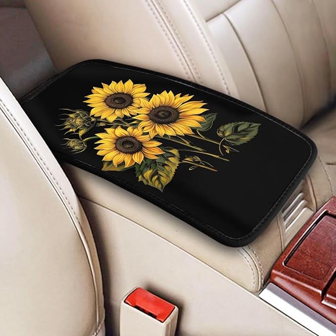 Yellow Sunflower Car Center Console Pad Cushion Cute Flower Auto Center Console Cover Protector Flowers Cars Decor Accessories Fit for Truck Vehicles SUVs, Black