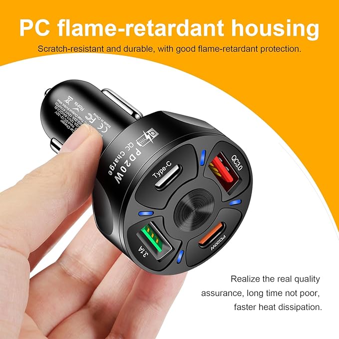 Augeny 4 Ports Car Fast Charging Charger Cigarette Lighter Adapter, Super Fast Auto Charging Cigarette Lighter Plug with QC 3.0, PD 20W, Type C, 3.1 A, Vehicle Phone Charger for Car SUV(Black)