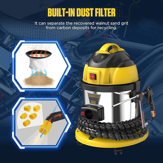 Walnut Blasting Kit for Carbon Cleaning, with 2KG Walnut Sand & 5 Pcs Adapters Automotive Engine System Intake Pipe Exhaust Valve Cleaning Machine, 1200W 110V/220V Carbon Remover
