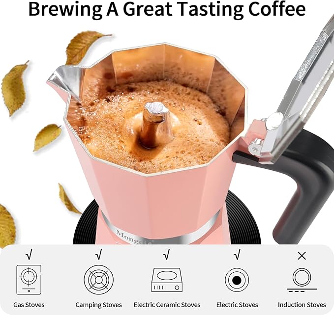Mongdio Stovetop Espresso Maker Moka Pot, Stove Top Cuban Coffee Maker, Italian Greca Mocha Pot, 12 Espresso Cups, 20 oz - Pink
