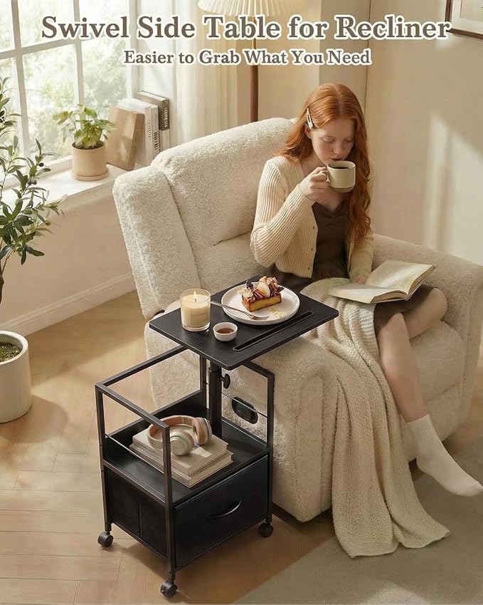 Faesun Swivel Lift Top Nightstand with Charging Station, Rolling Side Table for Recliner, Bedside Table with Wheels & a Fabric Drawer, for Small Spaces, for Bedroom, Living Room, Black