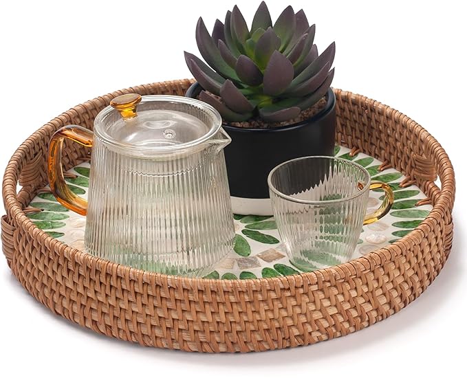 YANGQIHOME Round Serving Tray With Decorative Mother of Pearl Inlay, Rattan Wicker for Home Decor, Table Decor, Gifts, Dining, Woven for Food, Fruit, Coffee, 11.8 Inch