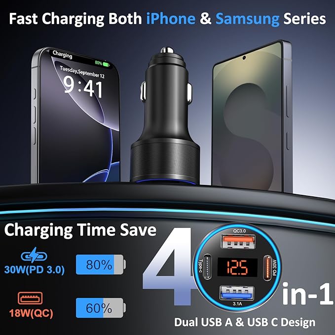 65W 4-Port Super Fast Type C Car Charger USB C for Samsung S26/S25/S24/S23/S22 Ultra/A17/A16/Z Fold/Flip Android Car Phone Adapter 12v Cigarette Lighter Plug with Voltage Display+6FT USB C Cable